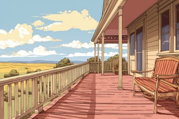 perspective shot of the farmhouse balcony, magazine style illustration
