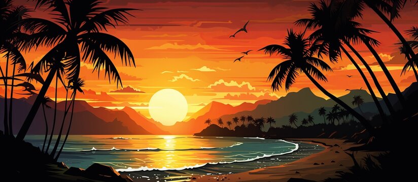 Beautiful drawing tropical beach with palm tree on sunset view. AI generated image