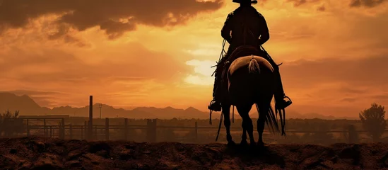 Gordijnen Silhouette of cowboy riding horse on dramatic sunset background. AI generated image © orendesain99