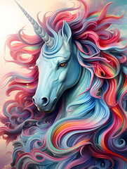 Obraz na płótnie Canvas Unicorn. A fabulous white horse with a multicolored mane and tail. A mythical creature. Colorful illustration in light blue and pink tones.