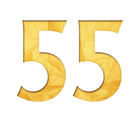 Number 55 with isolated paper cutout effect revealing gold crumpled paper background