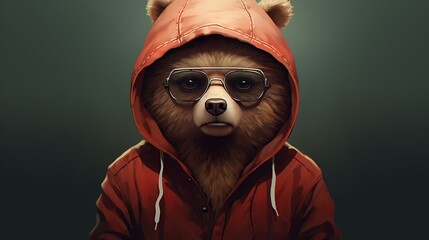 Portrait little bear geek wearing hoodie in dark background. AI generated