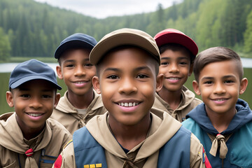 Group of five boy scouts posing. Mountains, lake and forest in the background. Racial diversity - obrazy, fototapety, plakaty