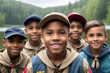 Foto op Canvas Group of five boy scouts posing. Mountains, lake and forest in the background. Racial diversity © Gaston