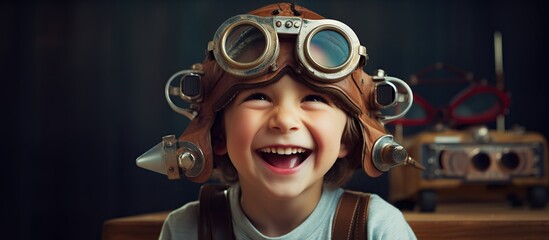 Happy child pilot riding plane toy wear helmet with googles glasses