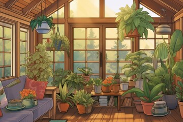 indoor plants against large glass windows in a cabin, magazine style illustration