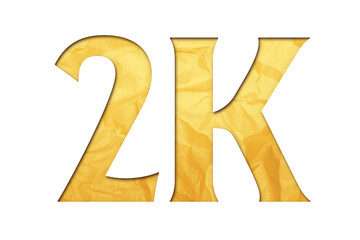 2K or 2000 written in isolated paper cutout effect revealing gold crumpled paper background