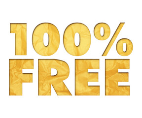 Phrase ‘100% free’ written in isolated paper cutout effect revealing gold crumpled paper background