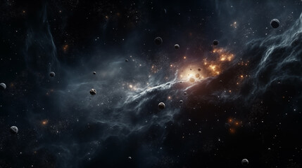 Dark space panorama filled with stars, stardust, planets and galaxy. Universe background