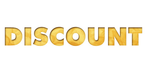‘Discount’ written in isolated paper cutout effect revealing gold crumpled paper background