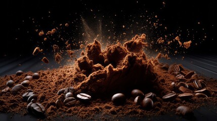 Explosion of ground coffee with roasted beans on black background 