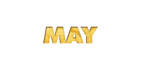 ‘May’ written in isolated paper cutout effect revealing gold crumpled paper background
