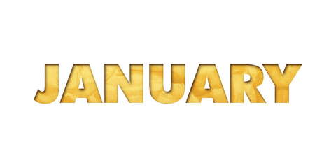 ‘January’ written in isolated paper cutout effect revealing gold crumpled paper background