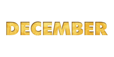 ‘December’ written in isolated paper cutout effect revealing gold crumpled paper background