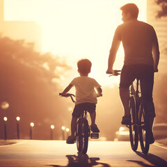 a father and son riding bicycles on the street at sunset. Generative AI - obrazy, fototapety, plakaty