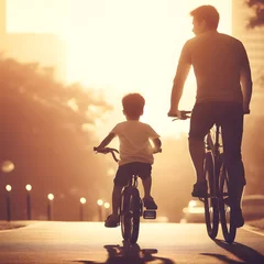 Rolgordijnen a father and son riding bicycles on the street at sunset. Generative AI © Antonio