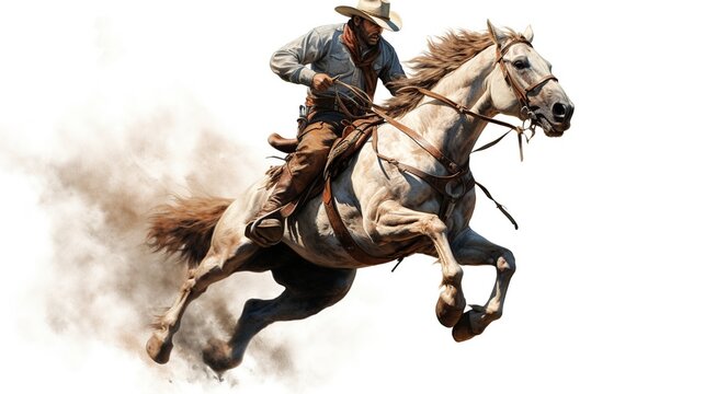 Drawing concept cowboy riding horse on white background. AI generated image