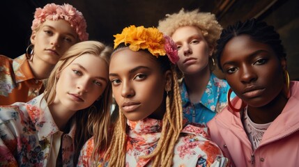 Fototapeta premium A diverse group of teenagers from different backgrounds, participating in a community project, fashionably dressed for trends. Inclusion and Diversity