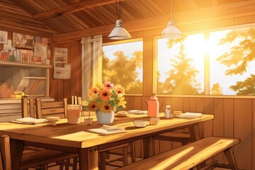 sunlight streaming through large cabin windows onto a wooden dining table, magazine style illustration