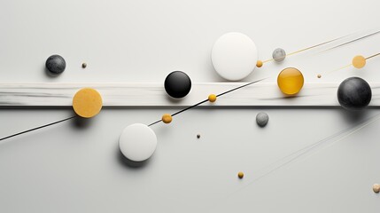 Collision of abstract objects in space. Abstract scene of various colliding objects. A dynamic composition of spheres and plasticy form.