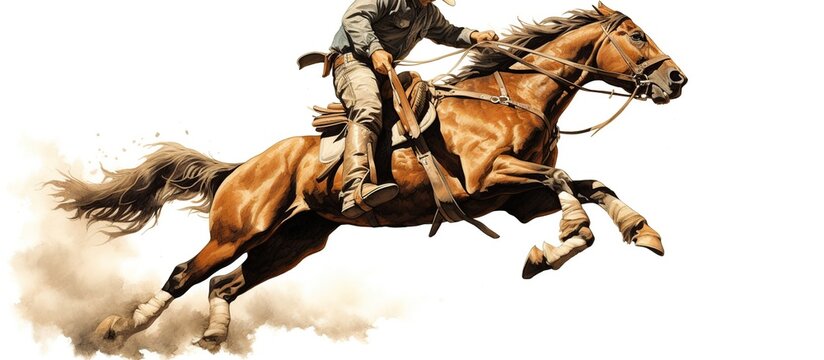Drawing concept cowboy riding horse on white background. AI generated image