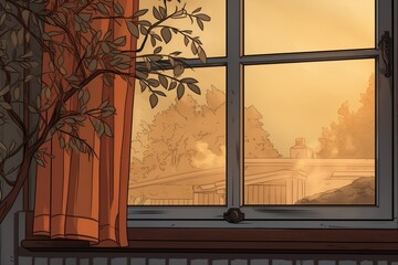 closeup of a large glazed window with outside view, magazine style illustration