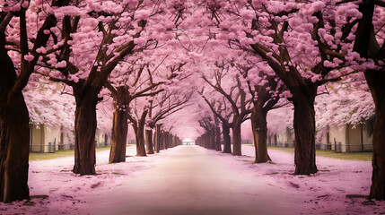 A blank canvas into an image of a cherry blossom-lined avenue in full bloom. - obrazy, fototapety, plakaty