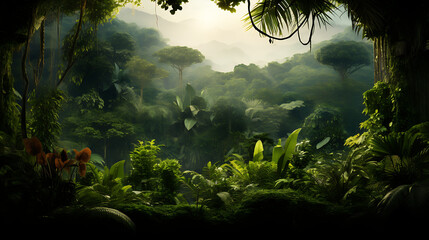 A blank canvas into a scene of a tropical rainforest canopy with lush greenery. - obrazy, fototapety, plakaty
