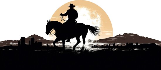Silhouette cowboy riding horse on white background. AI generated image - obrazy, fototapety, plakaty