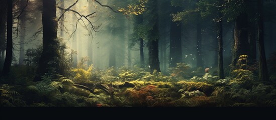 Foggy fir forest in vintage retro hipster style view. AI generated image