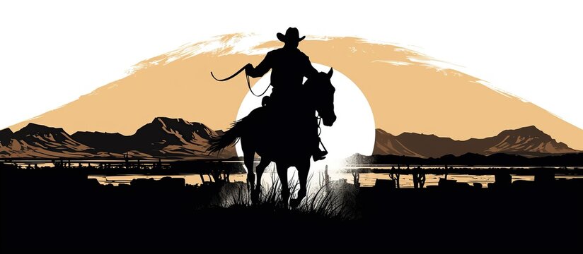 Silhouette cowboy riding horse on white background. AI generated image