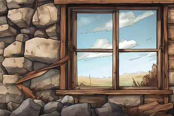 close-up picture of stone detail on cabins walls through window pane, magazine style illustration