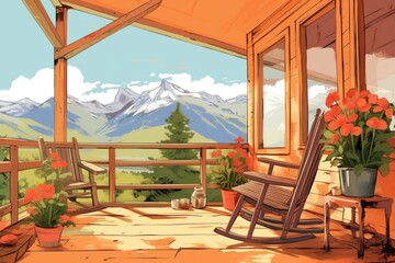 Fototapeta na wymiar sunny front porch of a mountain log cabin, magazine style illustration