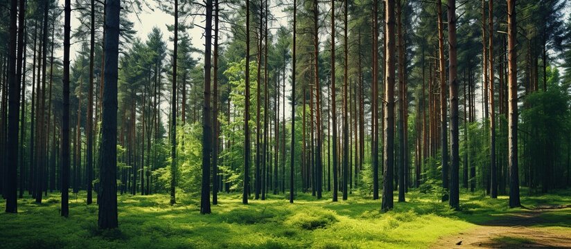Beautiful summer in the green pine trees forest. AI generated image