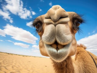 Close up portrait of a camel. Detailed image of the muzzle. A wild animal is looking at something. Illustration with distorted fisheye effect. Design for cover, card, decor, etc.