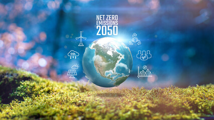 Net Zero Emission 2050 Earth Green Power Climate Icons On Real Moss background Concept