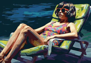 Young woman relaxing in a chaise lounge on the beach. A girl in sunglasses sunbathing against the sea. Concept of summer tourism. Digital art in drawn style. Design for flyer, poster, cover, brochure.