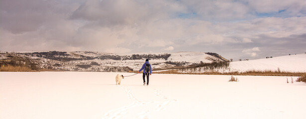 man with dog walking in snow