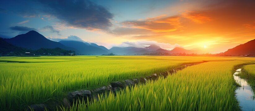 Paddy rice field at sunrise landscape. AI generated image