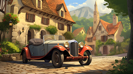 A vintage sports car driving through a quaint countryside village, with cobblestone streets, charming cottages, and a sense of charm.