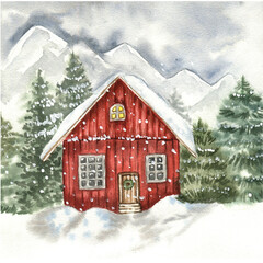 
Watercolor Christmas card house and mountains. Drawing Clipart.