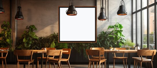 Stylish restaurant or cafe interior with mock up poster frames in the wall. AI generated - obrazy, fototapety, plakaty