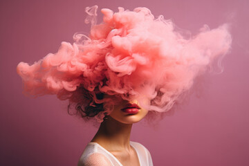 Young woman with pink pastel clouds over her head, concept of mental health, depression, emotions. - obrazy, fototapety, plakaty