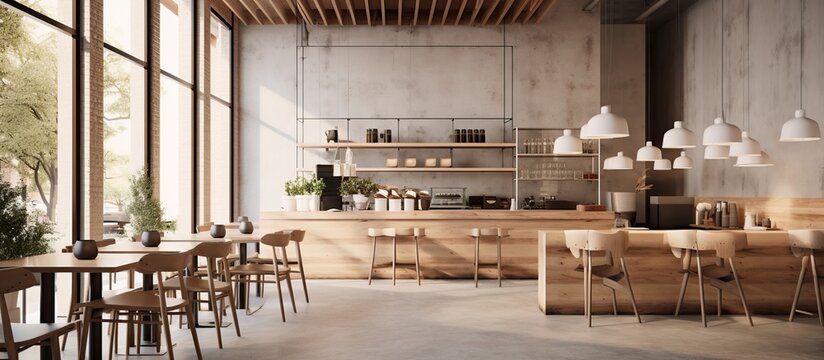 Minimalist interior design of restaurant or cafe with wooden style. AI generated