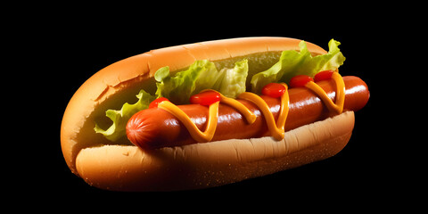 tasty hot dog, mustard ketchup, assorted toppings, american sausage hot, isolated white background