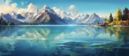 Foto auf Acrylglas Antireflex Mountain with blue lake nature landscape. AI generated image © orendesain99