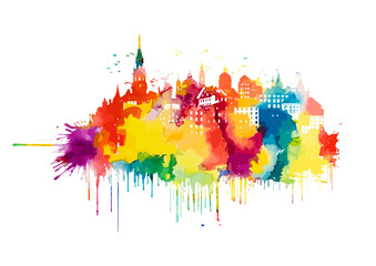 City colorful silhouette with blots. hand drawing. Not AI. Vector illustration