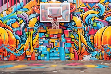 vibrant graffiti on abandoned asphalt basketball court walls - obrazy, fototapety, plakaty