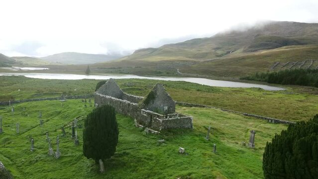 Cill Chriosd church Ruin Dronefootage - Located between Broadford and Torrin, on the Isle of Skye. The Cill Chriosd is the ruin of a Parish church surrounded by a commonwealth graveyard.