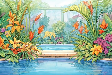 tropical outdoor pool guarded by exotic foliage